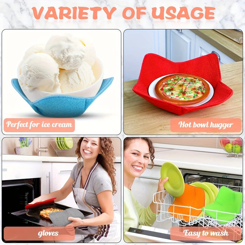 A variety of usage for a quilted microwave bowl cozy, including ice cream, hot bowls, and gloves.