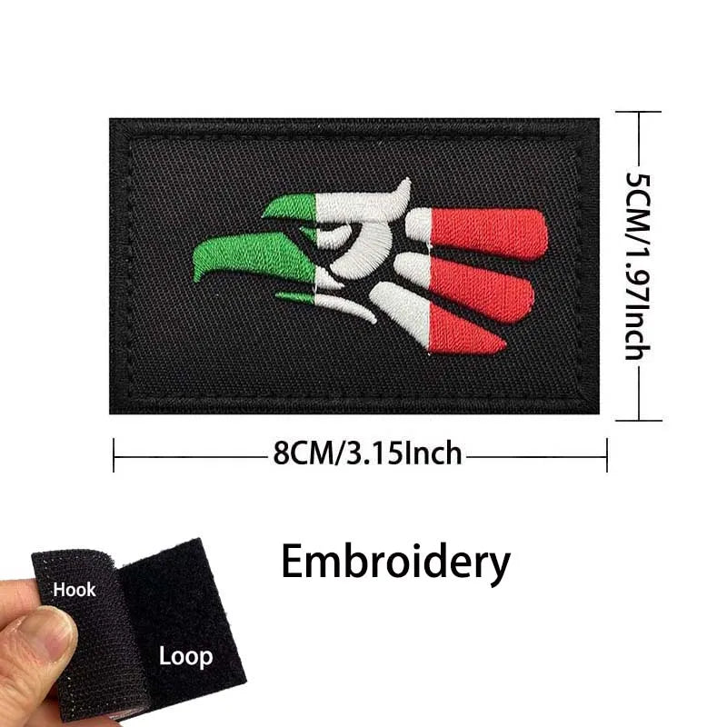 Black embroidered patch featuring a stylized eagle design with green, white, and red stripes.