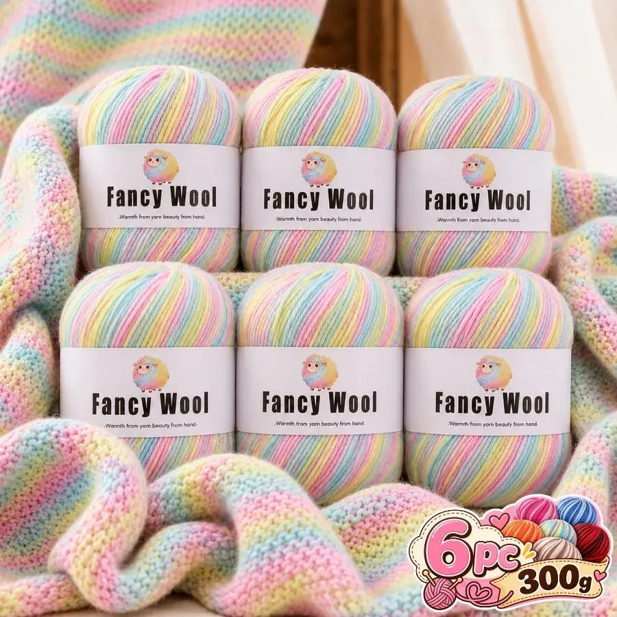 A set of six colorful gradient alpaca wool yarn skeins packaged for knitting and crochet projects.
