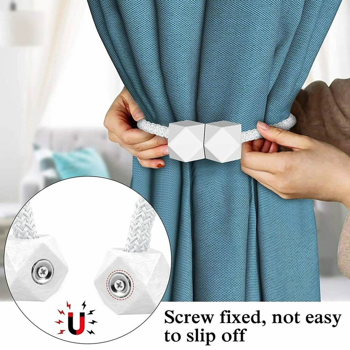 Hands are using magnetic curtain tiebacks to hold a blue patterned curtain.