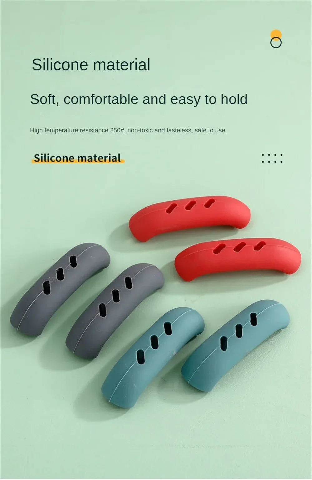 Various colored silicone pan handle covers designed to protect and make holding hot pots easier.