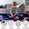 A boy sits on a couch with a cozy knit throw blanket and various fabric swatches demonstrating the product's features.