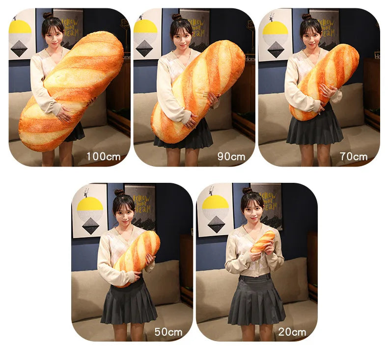 A series of plush pillows shaped like loaves of bread in various sizes, demonstrating different dimensions from 70cm to 100cm