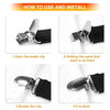 Step-by-step instructions showing how to open, hold, buckle, and use metal clips for fixing items.