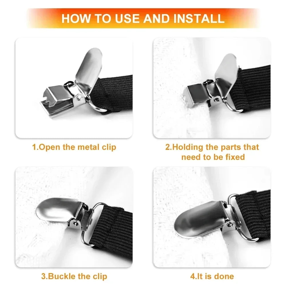 Step-by-step instructions showing how to open, hold, buckle, and use metal clips for fixing items.