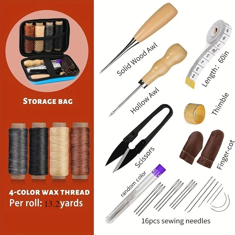 A complete leather craft sewing kit showing storage bags, waxed thread rolls, and various sewing needles.