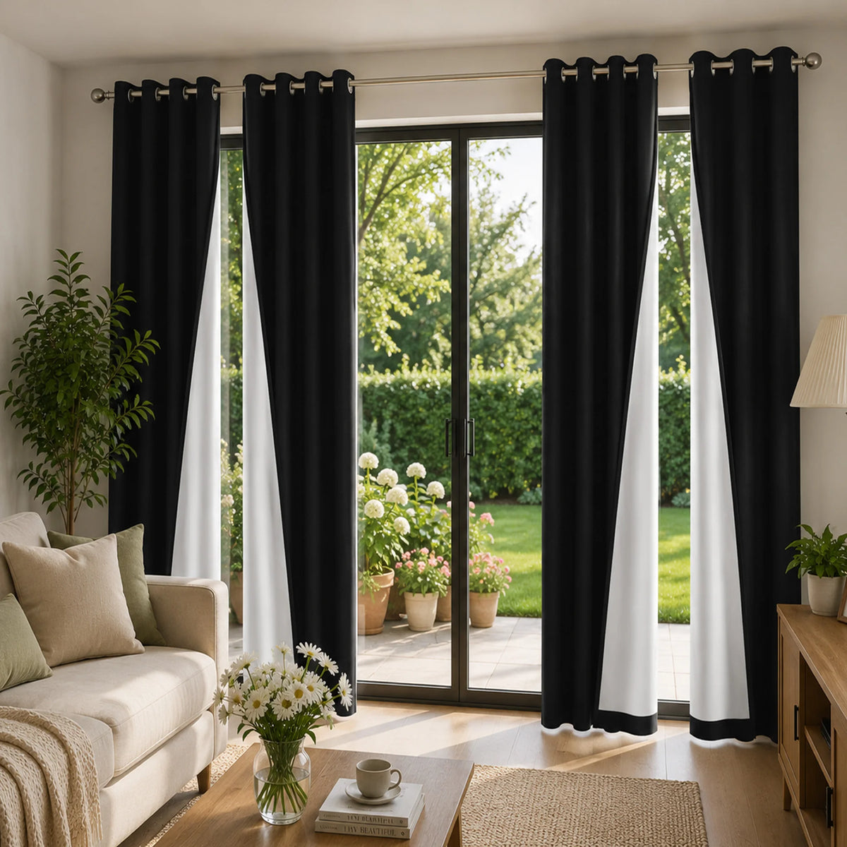 Set of four black and white linen textured blackout curtains hanging in a glass door frame.