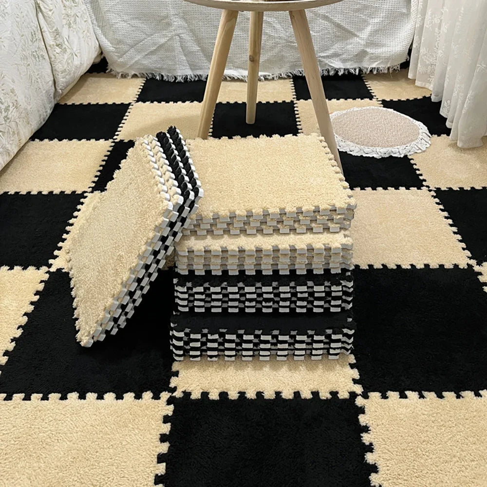 A black and beige checkered play mat featuring soft plush EVA foam tiles for kids.