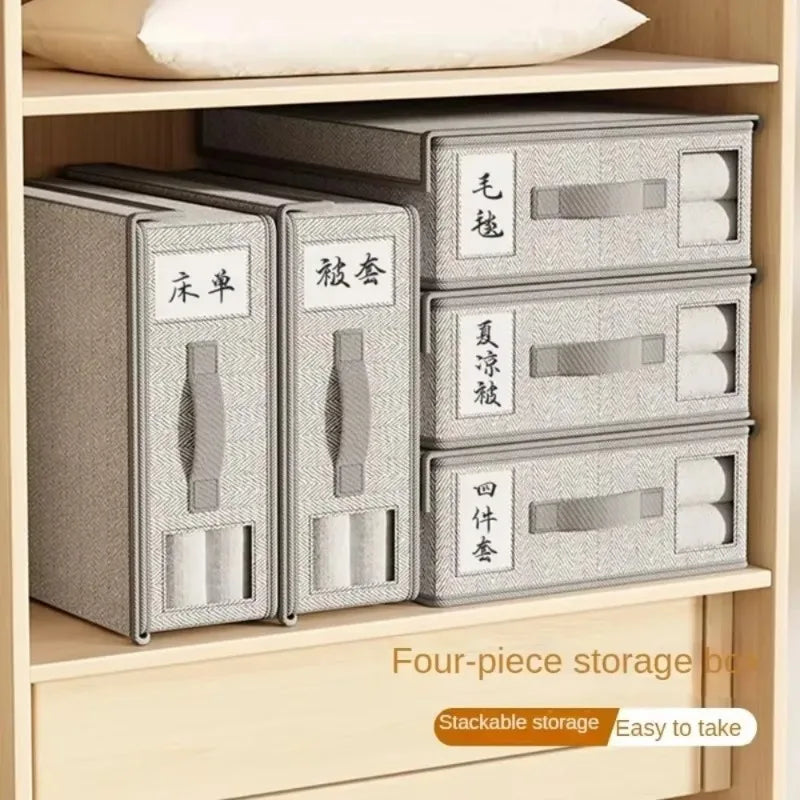 Four-piece stackable storage boxes for bedding and clothing with Japanese labels