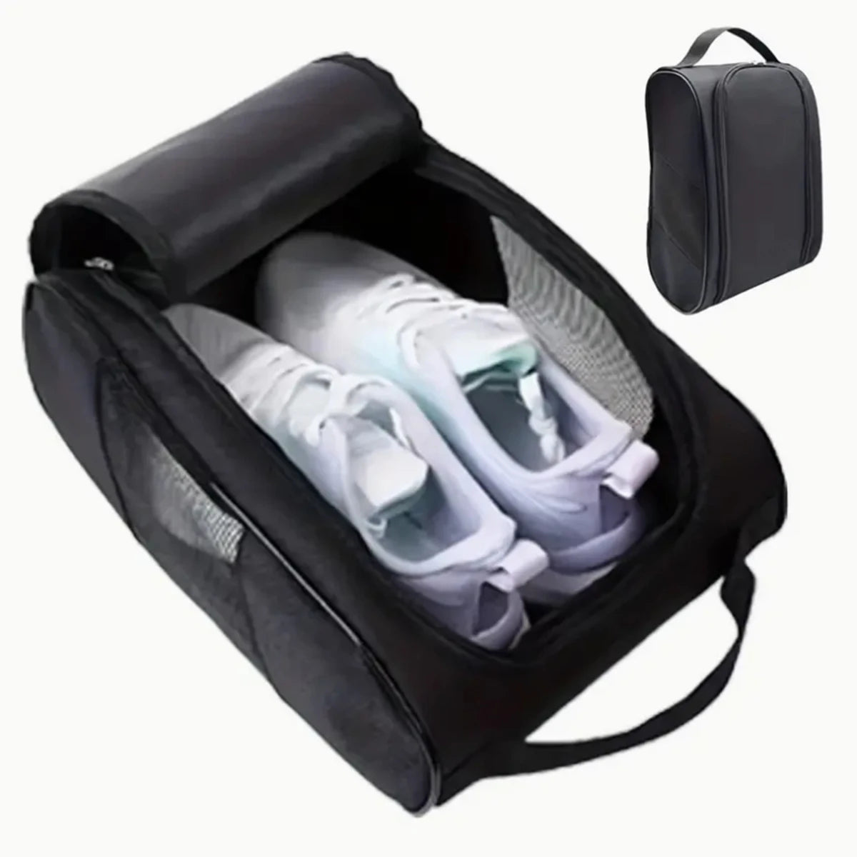 Black portable shoe carrier bag with a lid, holding a pair of white sneakers.