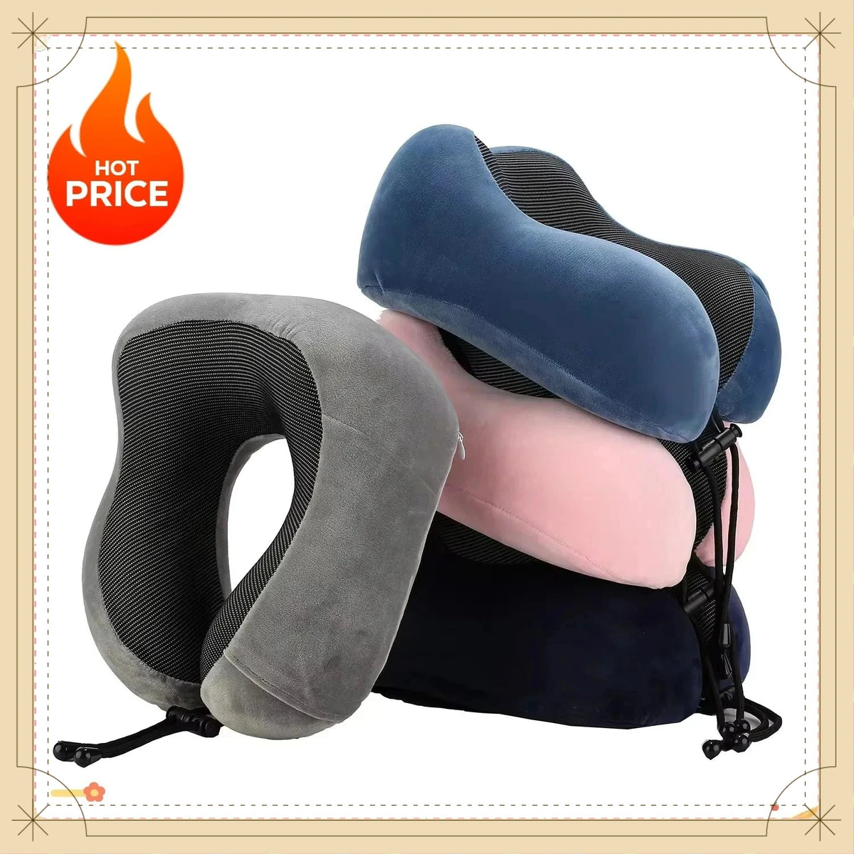 A stack of three blue, pink, and gray ergonomic memory foam neck pillows for travel and support.