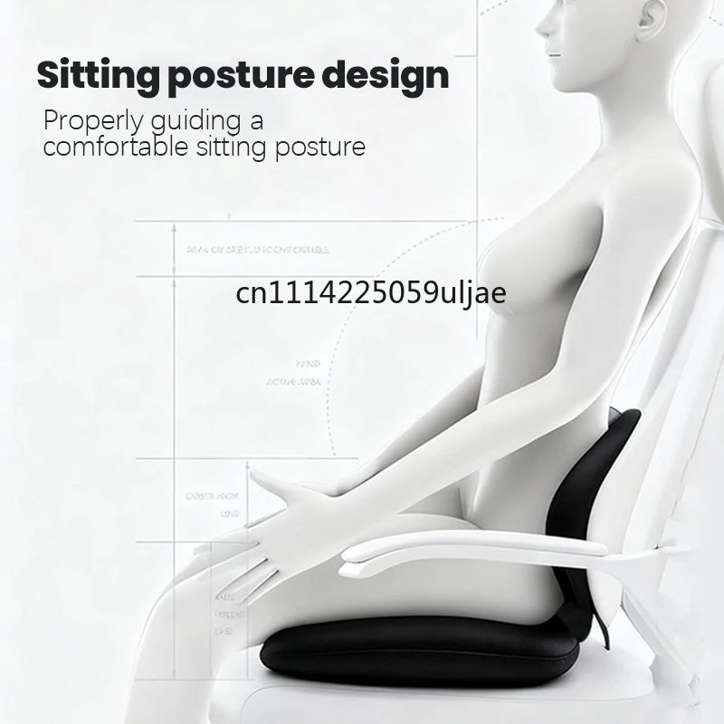 A white model demonstrates a sitting posture design for a comfortable position using an adjustable memory foam cushion.