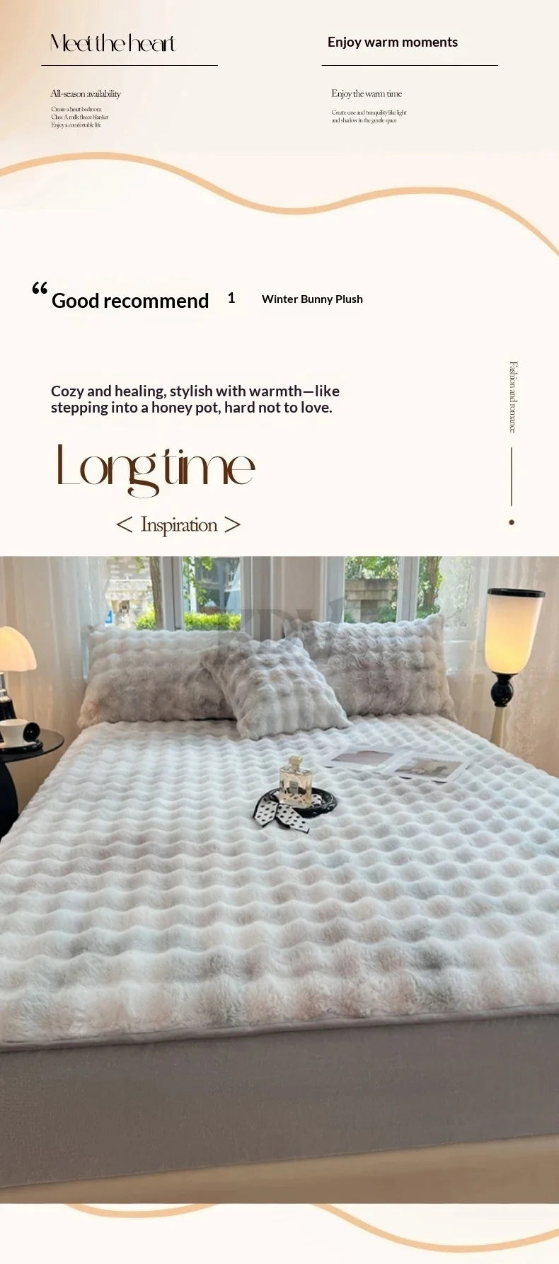A white faux rabbit fur fitted sheet set is displayed on a bed, featuring quilted texture and soft fluffy material.