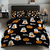 A black duvet cover set featuring an all-over pattern of white and orange ghosts and pumpkins.