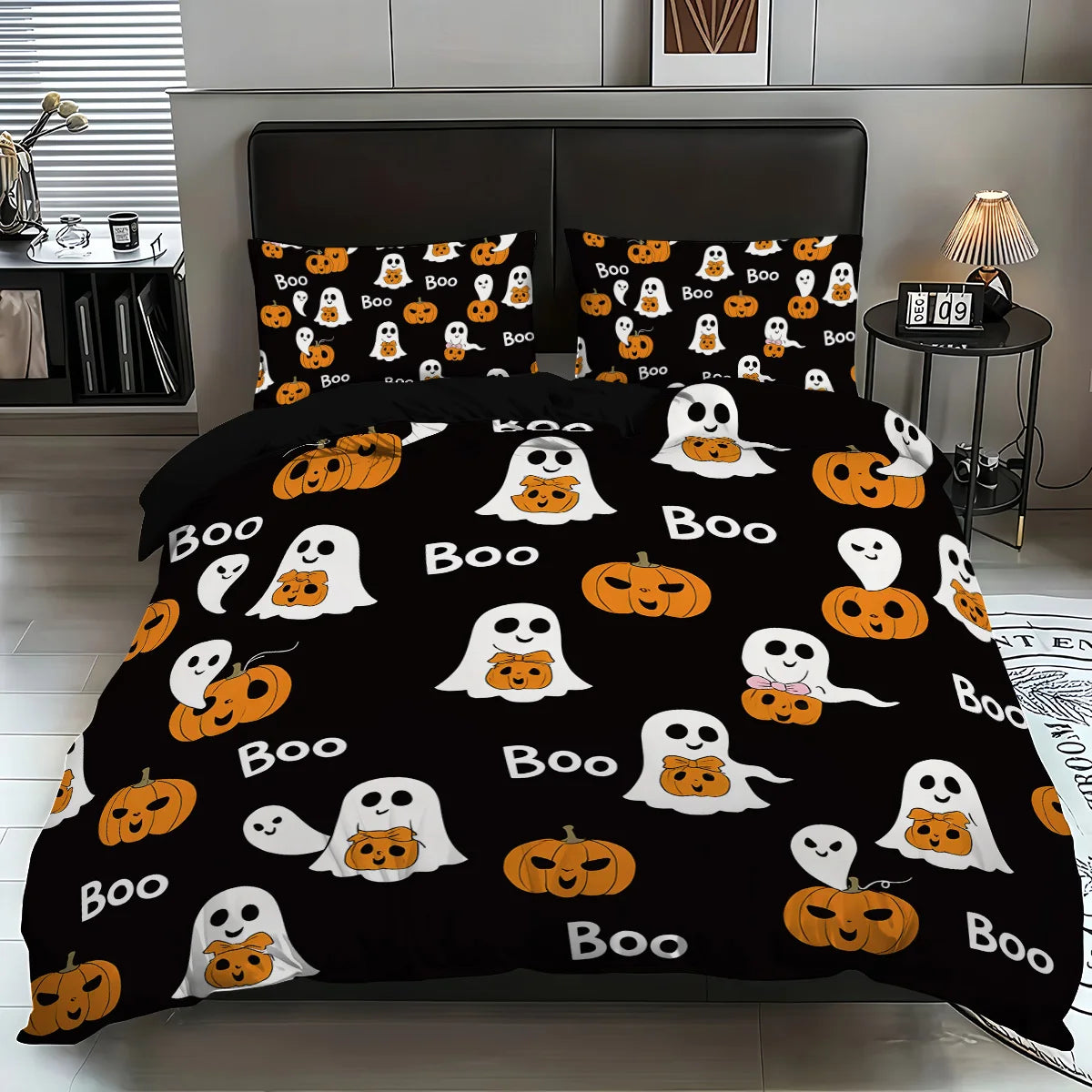 A black duvet cover set featuring an all-over pattern of white and orange ghosts and pumpkins.