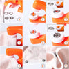A set of metal and plastic snap buttons in orange and white for DIY sewing projects.