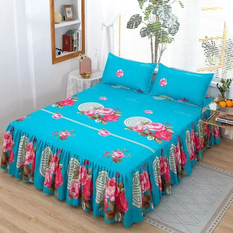 Turquoise fitted bed sheets featuring a floral pattern and pink lace trim.