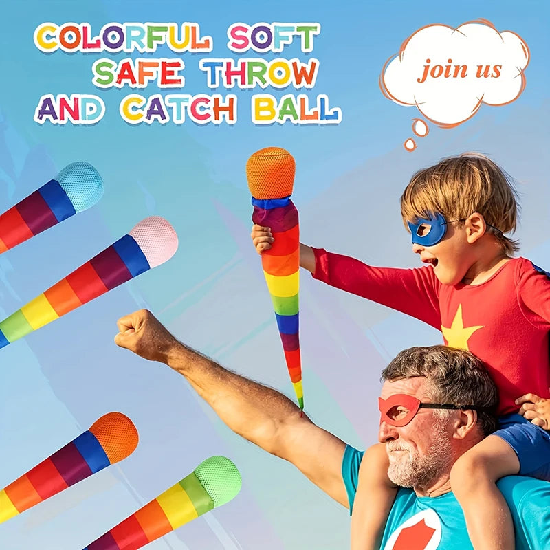 A child is throwing a colorful soft and catch ball to an adult, demonstrating the toy's use.