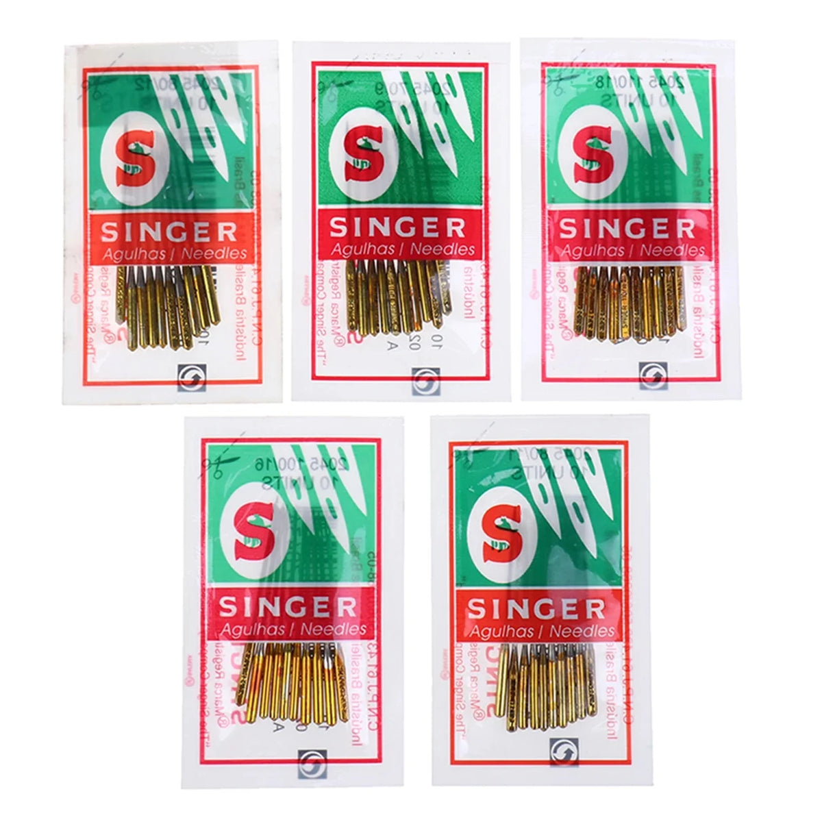 Four packages of Singer sewing needles, showing various sizes and types of needles in clear plastic packaging.