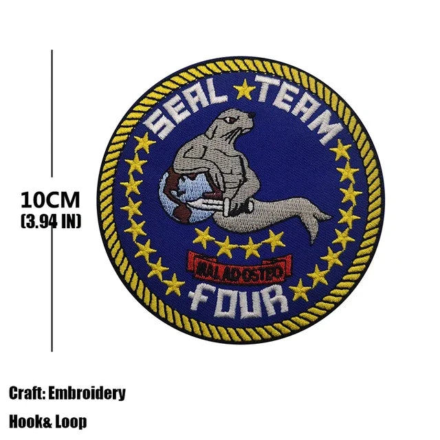 Embroidered patch featuring a bear silhouette and text Seal Team Four on a dark blue background