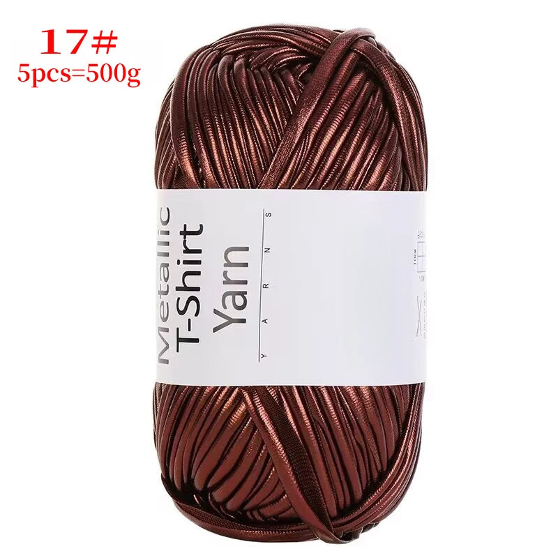 A skein of metallic brown T-shirt yarn is shown coiled for crochet and DIY crafts.