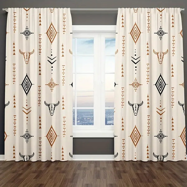 Beige curtains featuring a repeating pattern of tribal bull skulls and geometric designs.
