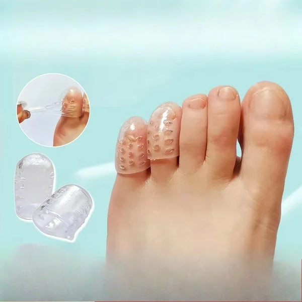 Transparent silicone toe and finger protectors shown on a hand and foot, with an inset showing application.