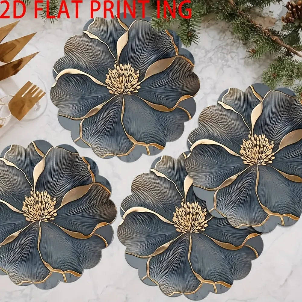 A set of six blue floral non-slip placemats with gold accents arranged on a white marble surface.
