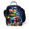 A black cartoon crossbody lunch bag featuring a Roblox theme with game controllers and characters.