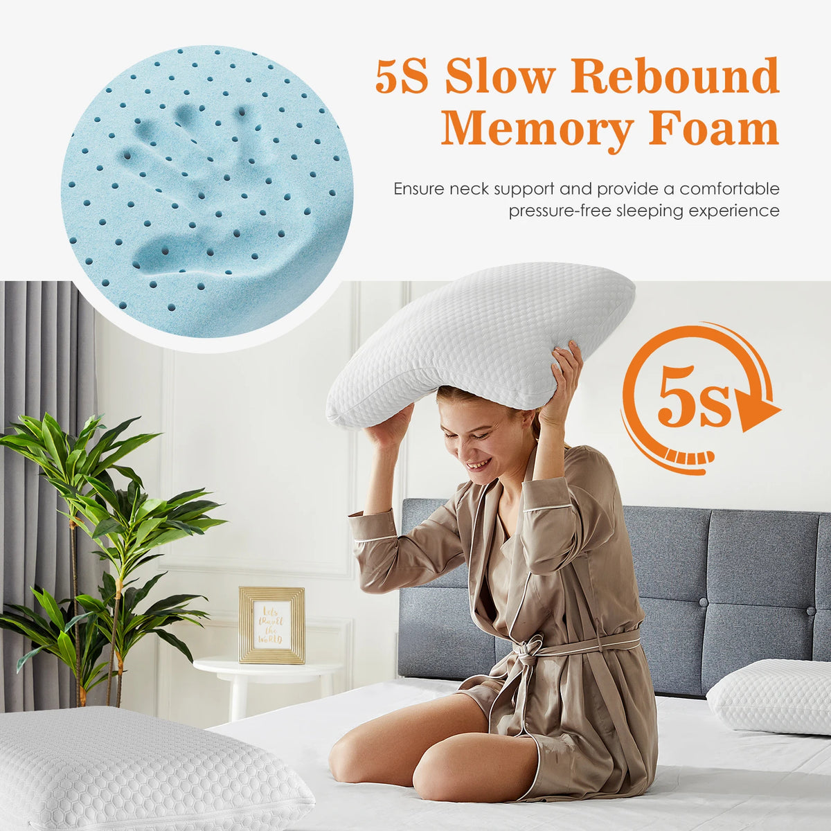 A woman is using a 5S Slow Rebound Memory Foam neck pillow for support while sitting on a bed.