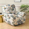 A floral print slipcover set for a recliner or sofa featuring blue and orange botanical patterns.