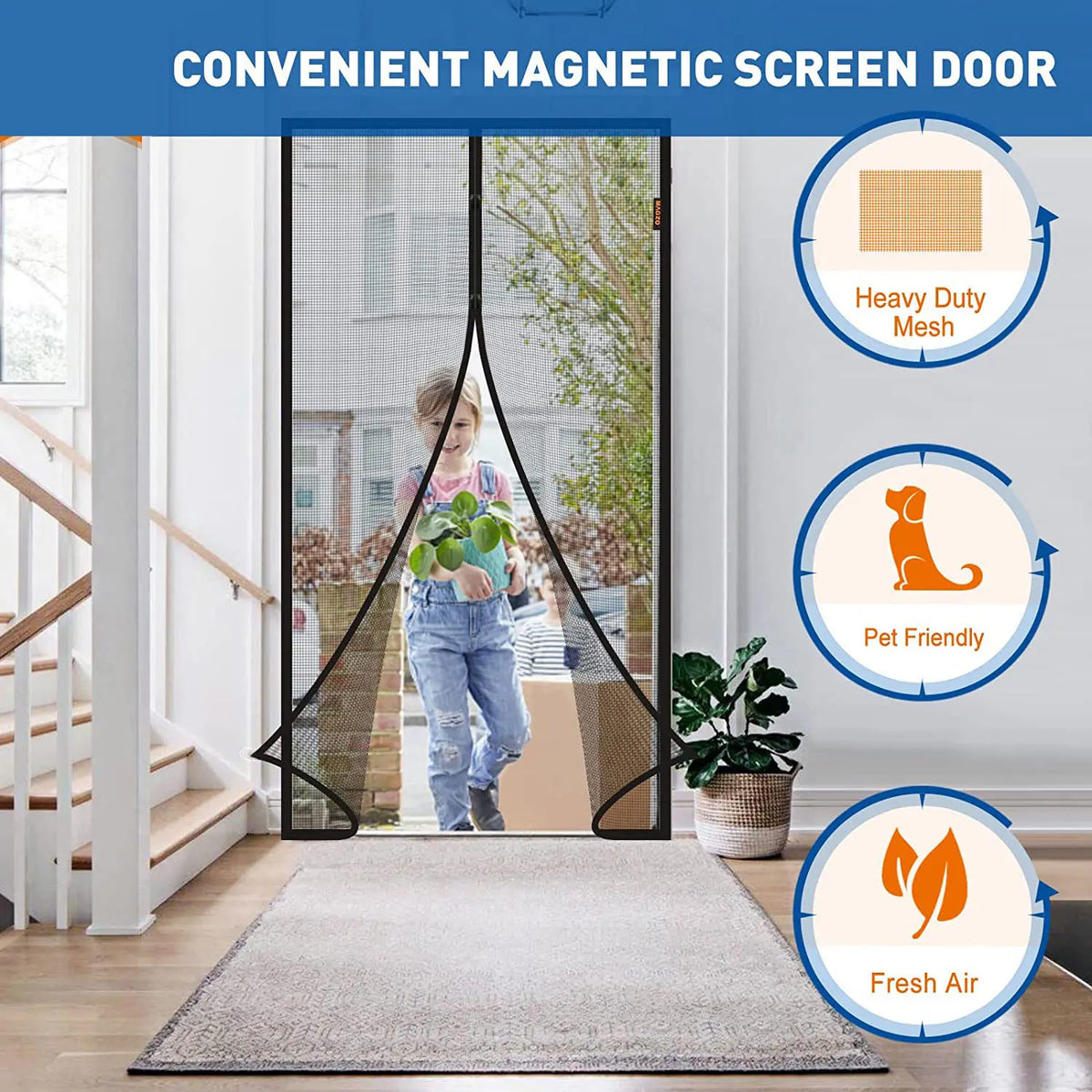 A magnetic screen door curtain installed on a glass door, highlighting features like heavy duty mesh, pet friendly design, an