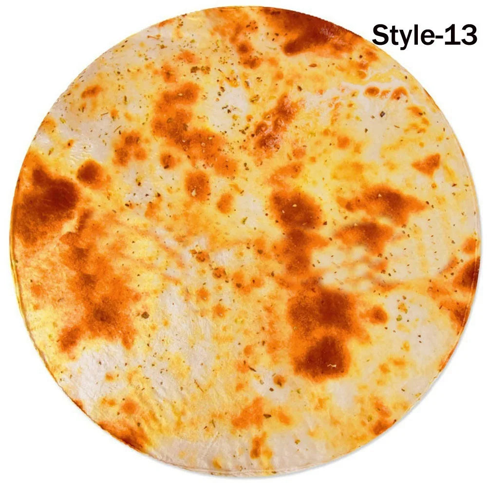 A round, golden-brown flatbread with mottled orange and brown spots, likely a pizza or tortilla.