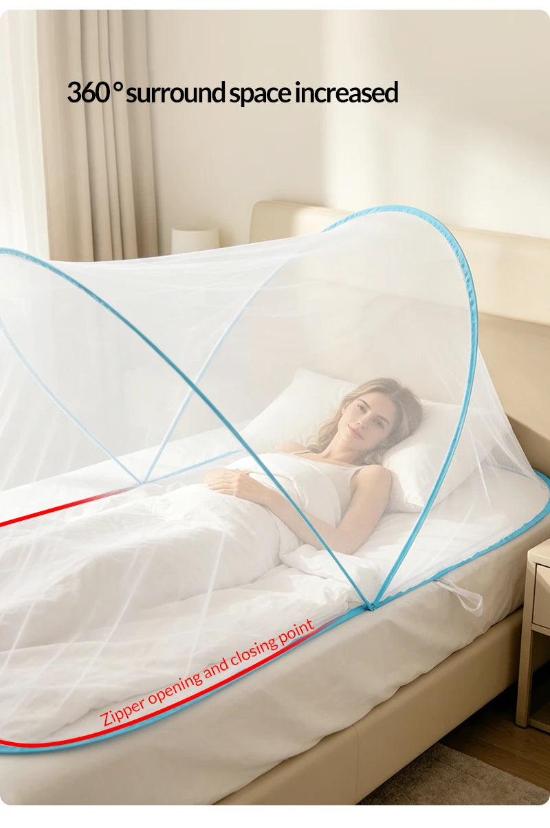 A white mosquito net is shown covering a bed, demonstrating increased surround space.