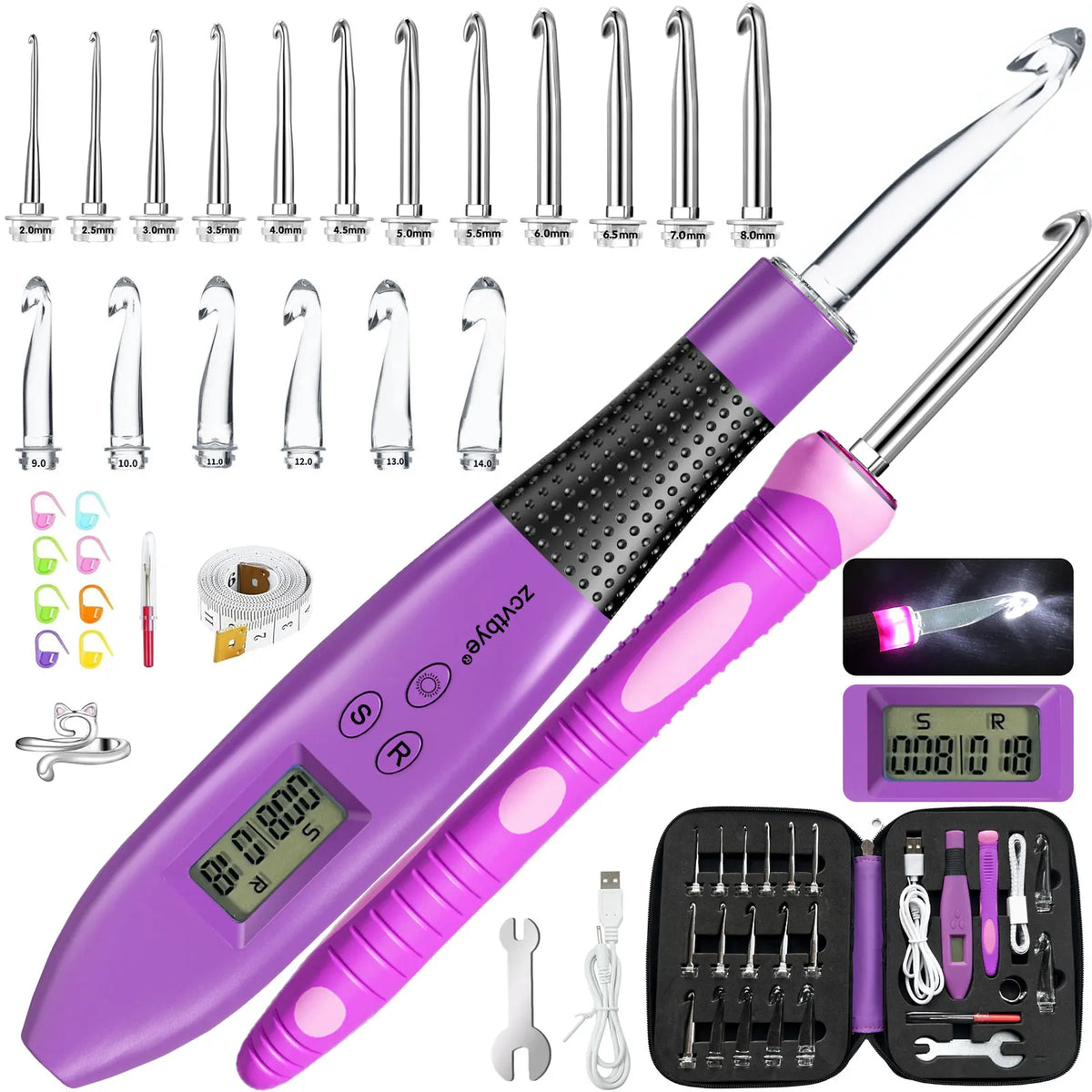 A purple ergonomic crochet hook set with an LED and stitch counter, showing various sizes and tools.