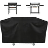Black heavy-duty waterproof grill cover for a Blackstone, shown with the grill and separate storage rack.