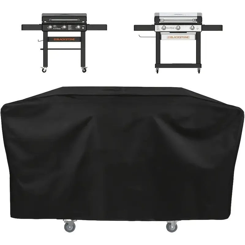 Black heavy-duty waterproof grill cover for a Blackstone, shown with the grill and separate storage rack.