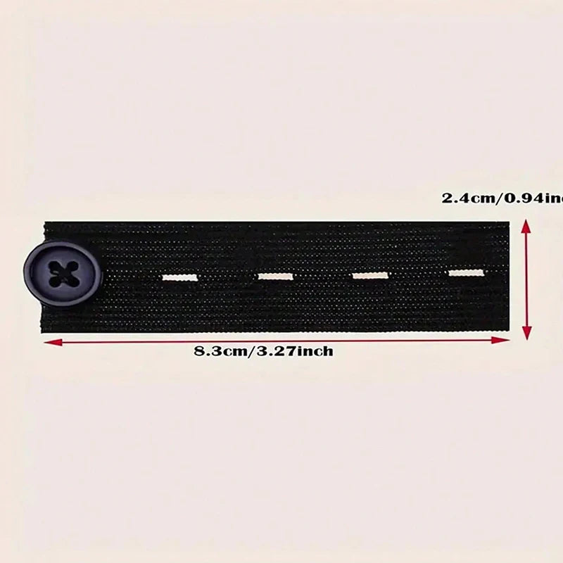 Black elastic waist extender belt with a button and white stitching lines