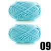 A ball of light blue thick velvet yarn shown from the top, with a number 09 beside it.