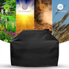 Black heavy-duty grill cover shown alongside icons for UV protection, dusk proofing, and wind proofing.