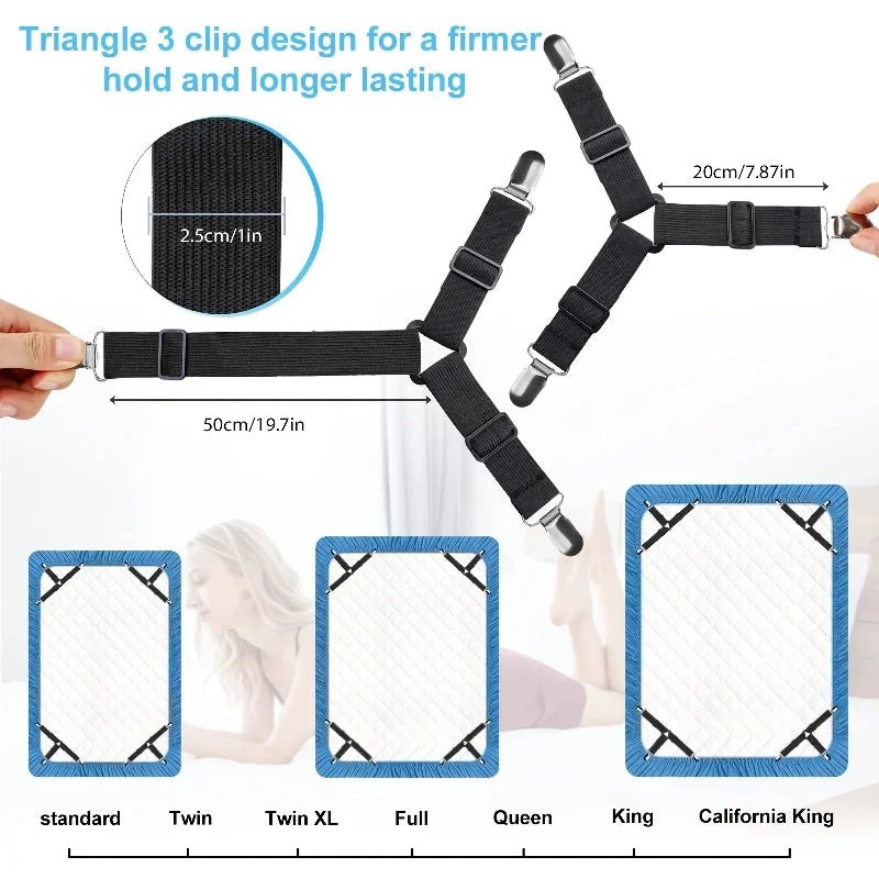 A set of black triangle clip design bed sheet straps for holding fitted sheets, shown with various sizes.