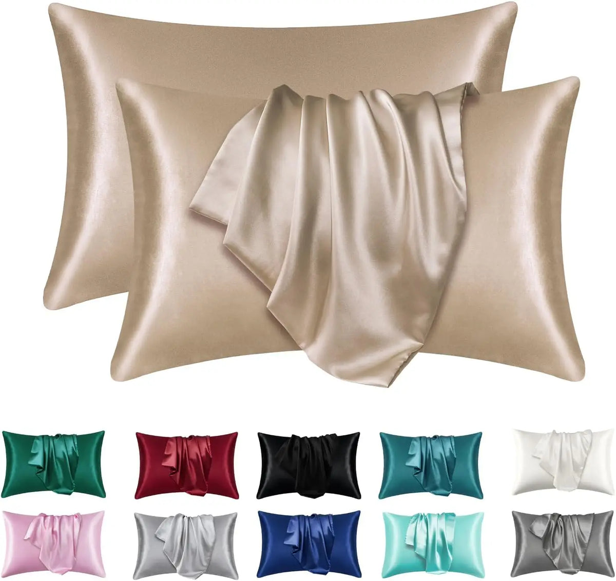 A set of satin pillowcases in various neutral and jewel tones, including beige, pink, green, red, black, and blue.