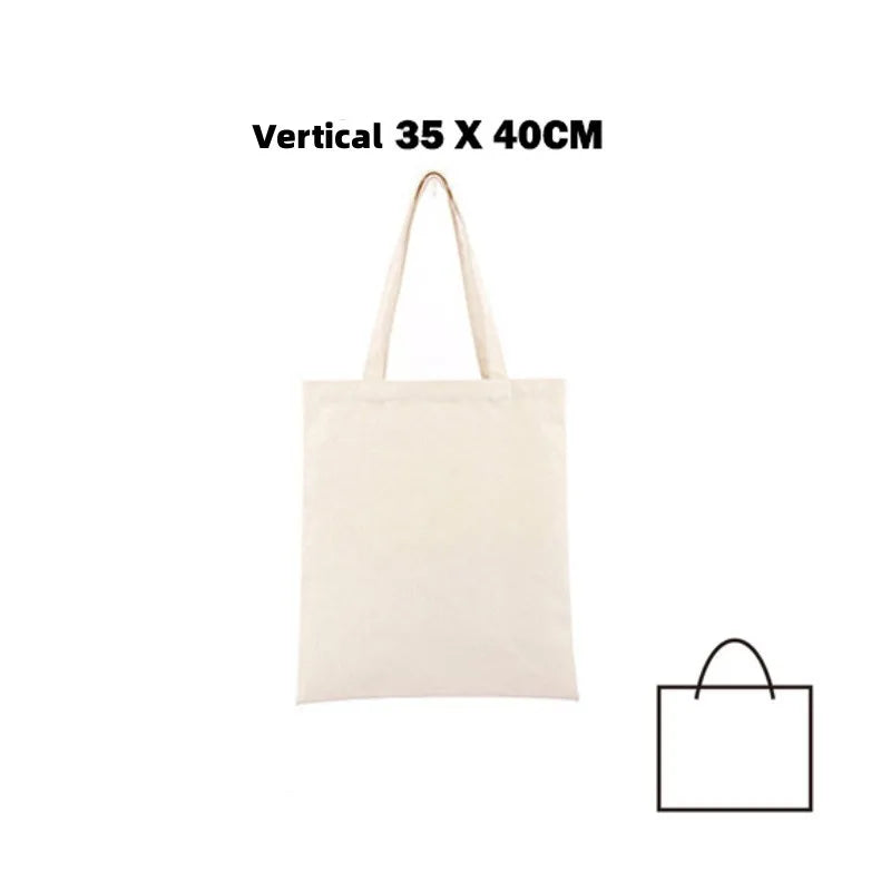 A vertical beige canvas tote bag with handles shown against a white background.