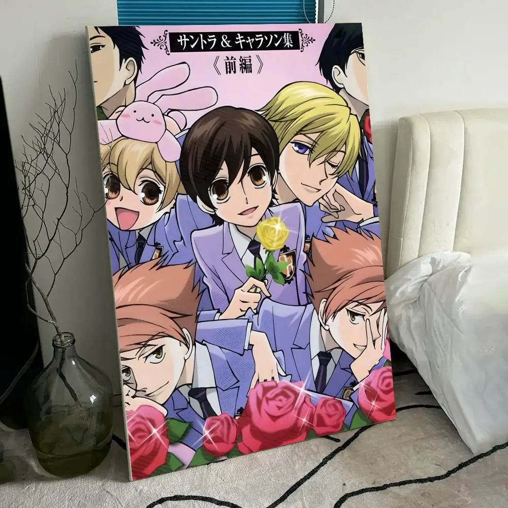 A poster featuring characters from Ouran High School Host Club in a colorful, modern art style.