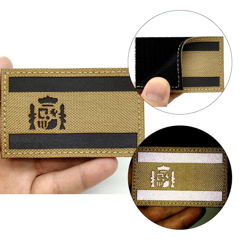 A tactical patch featuring the Spain flag design with a hook and loop backing, shown in various close-up views.