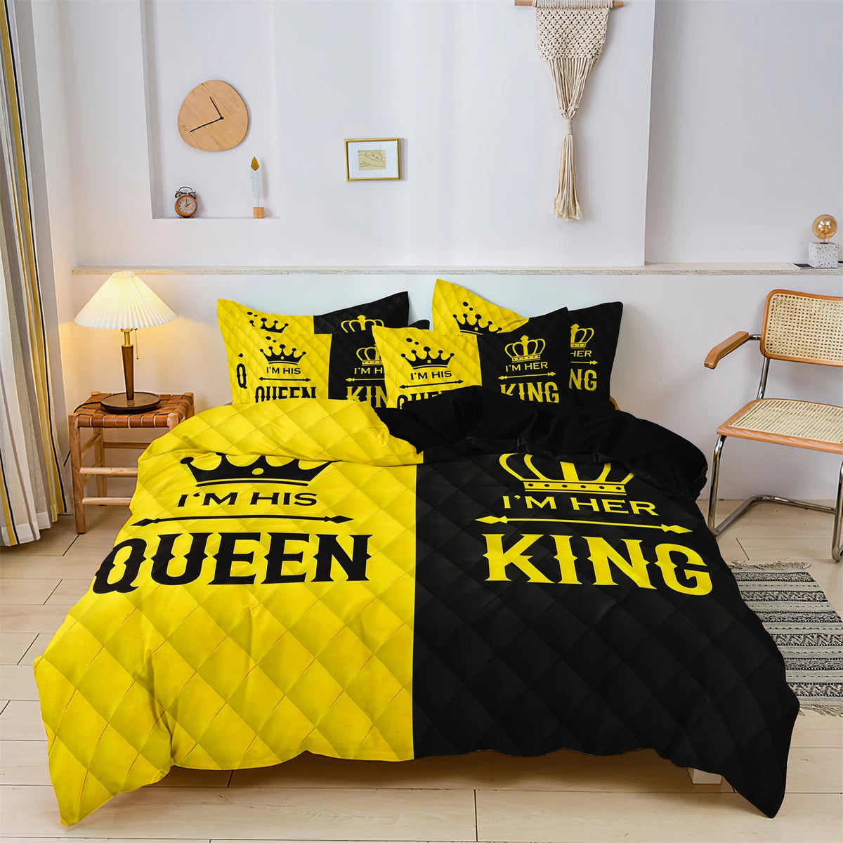 A yellow and black duvet set featuring crown print bedding for a couple.