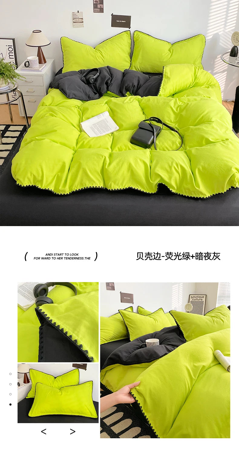 A bright lime green quilted bed linen set featuring a duvet, pillows, and a matching cover.