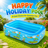 A blue inflatable pool is shown on green grass with a sunny background and text wishing a happy holiday.