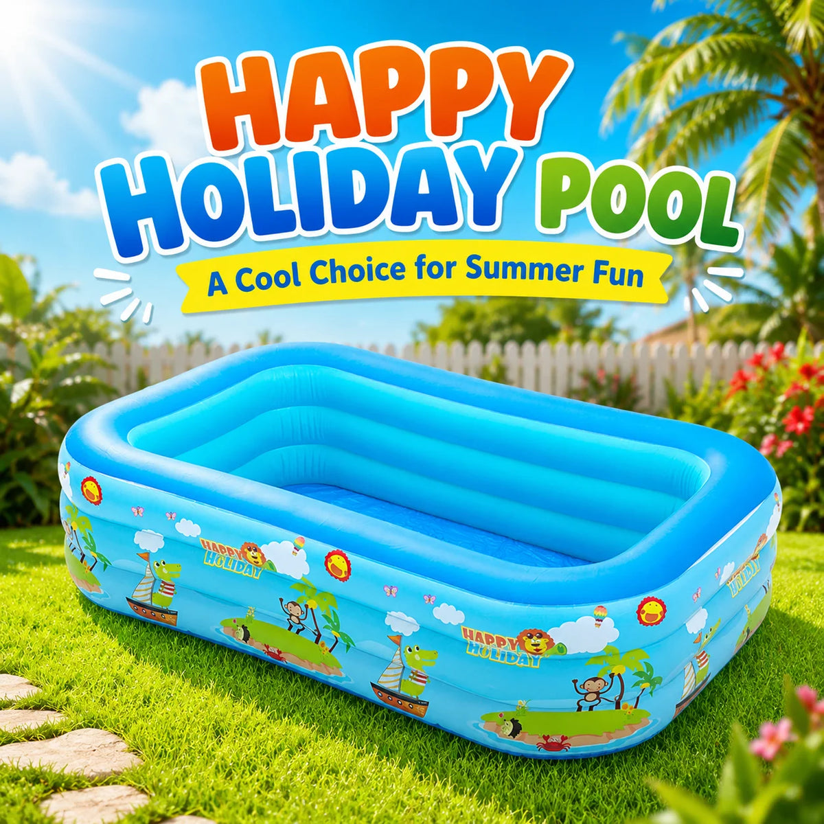 A blue inflatable pool is shown on green grass with a sunny background and text wishing a happy holiday.