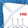 Four white adjustable crisscross clips used for securing bed sheets.